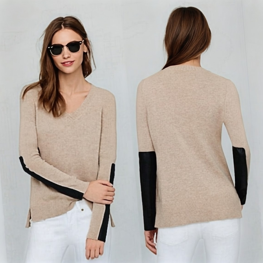 J. Crew Cashmere Blend and Leather Panel V-Neck Sweater Size XS